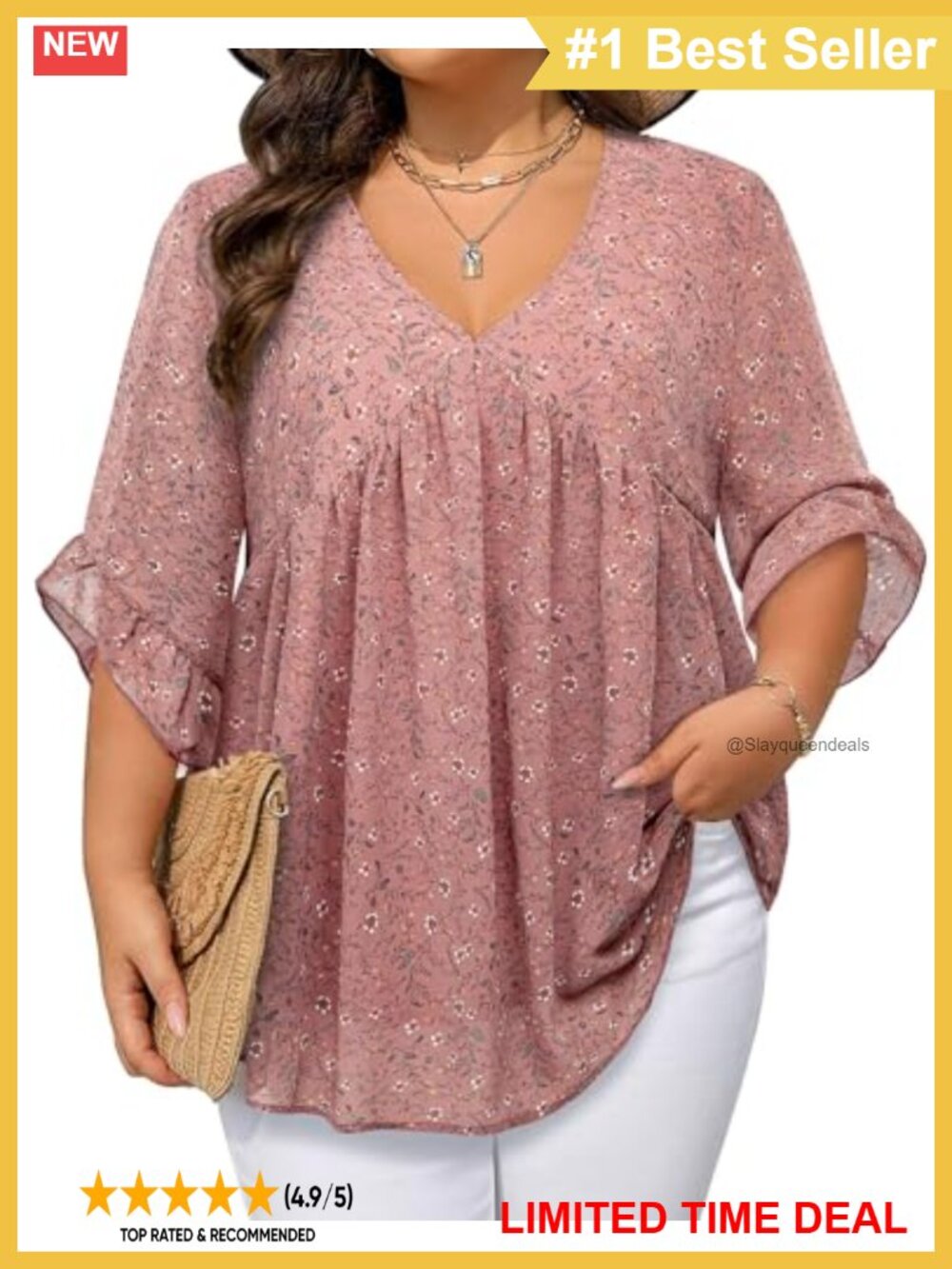 Women's Plus Size Chiffon Ruffle Sleeve V-Neck Babydoll Tunic Blouse